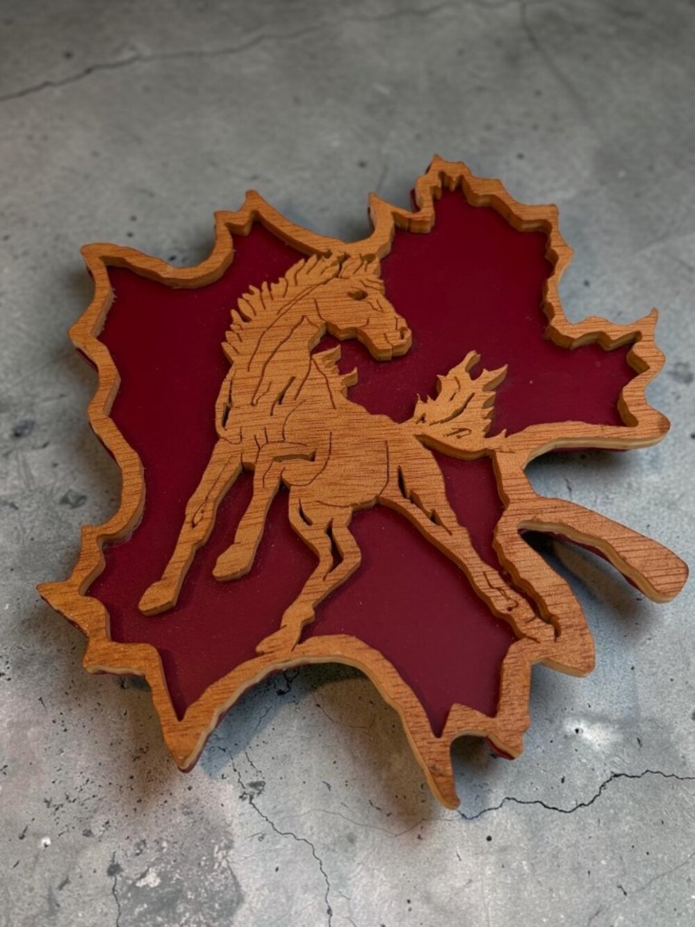Handcrafted Wooden Horse Maple Leaf Wall Art Decor woodcut